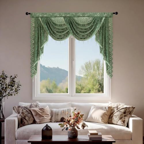 Dark Green Lace Waterfall Window Valance with Beaded Tassels - 59W x 41L