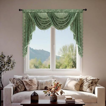 Dark Green Lace Waterfall Window Valance with Beaded Tassels - 59W x 41L