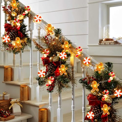 Battery-Operated Christmas Lights 16ft Gingerbread & Candy Cane Ornaments, 40 LEDs Timer