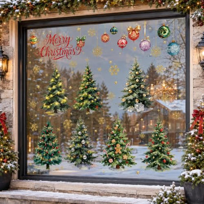 Large Christmas Window Clings - Watercolor Retro Holiday Tree Decor 35.4"