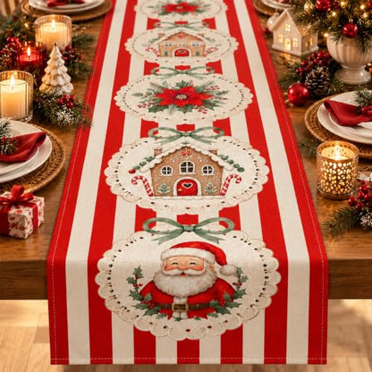 Christmas Table Runner Santa Gingerbread 13x72 Inch - Red Stripe Variation