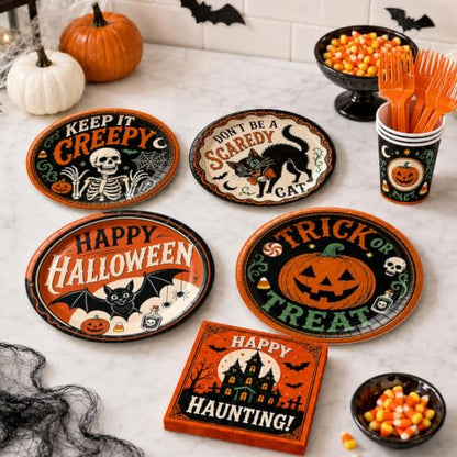 Halloween Party Supplies Set with Plates Cups Napkins Cutlery for Spooky Celebration