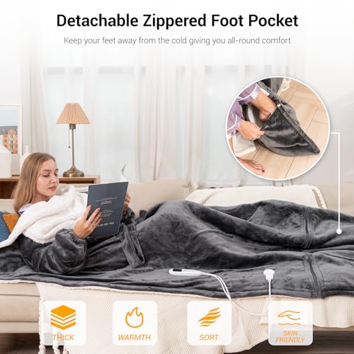 Dark Gray Wearable Heated Blanket with Removable Foot Pocket - 50x80 inches, 9 Temp Settings