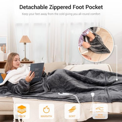 Dark Gray Wearable Heated Blanket with Removable Foot Pocket - 50x80 inches, 9 Temp Settings