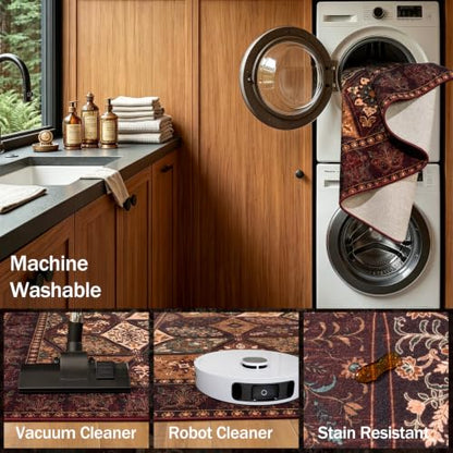 Vintage Washable Area Rug 4x6 Feet Distressed Patchwork Brown - Pet Friendly