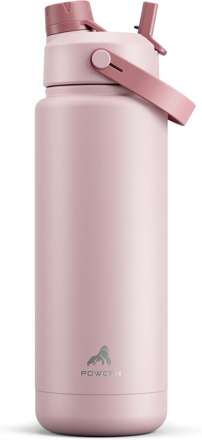 POWCAN 32 oz Insulated Water Bottle - 2-in-1 Straw & Spout Lid, Keeps Drinks Cold 24H | BPA-Free, Leak-Proof (Dried Rose)