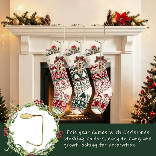 Knit Christmas Stockings Set with Holders & Xmas Patterns - 3 Pack, 18 Inch, Red & Green