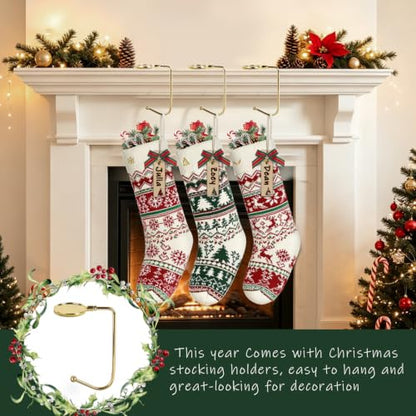 Knit Christmas Stockings Set with Holders & Xmas Patterns - 3 Pack, 18 Inch, Red & Green