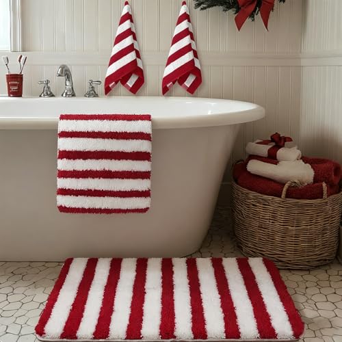 Newwiee 4 Pcs Christmas Bathroom Set with Red and White Striped Rugs and Towels - Holiday Decor