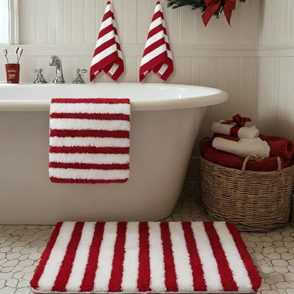 Newwiee 4 Pcs Christmas Bathroom Set with Red and White Striped Rugs and Towels - Holiday Decor