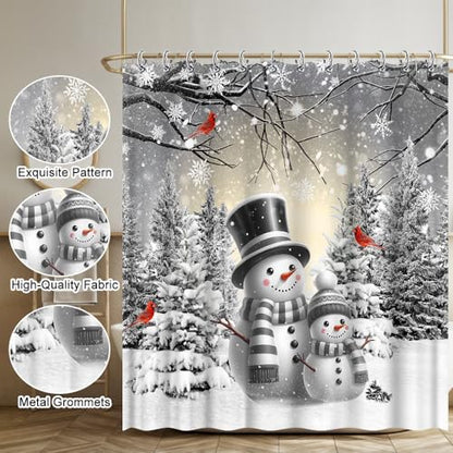 White Snowman Shower Curtain 72x72 Inch Waterproof Fabric Holiday Bathroom Decor