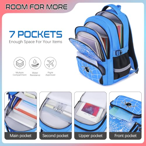 Blue 3-Piece Boys Backpack Set with Luminous Spider Design, Lunch Bag & Pencil Case