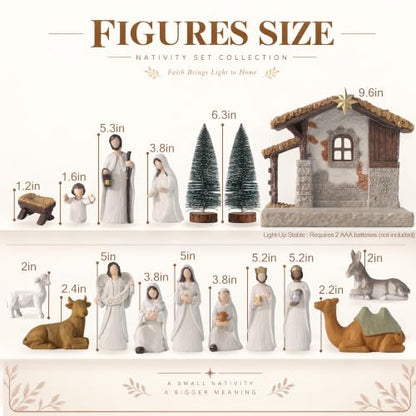 Christmas Nativity Set with Lighted Stable - 17 Pcs Religious Holiday Decor