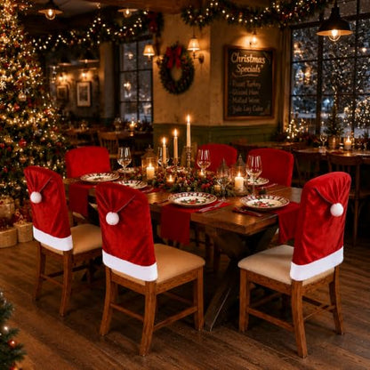 4 Pack Christmas Santa Hat Velvet Chair Covers - Festive Holiday Seat Decor