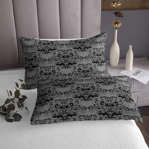 Black Damask Skull Bedspread Quilt Set King Size with Pillowcases - Gothic Vintage Style