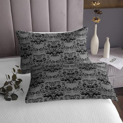 Black Damask Skull Bedspread Quilt Set King Size with Pillowcases - Gothic Vintage Style