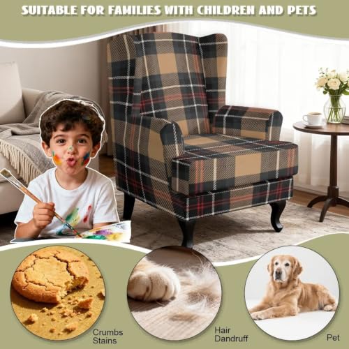 Brown Tartan Wingback Chair Cover 2 Pieces - Snug Fit, Protective & Easy to Install