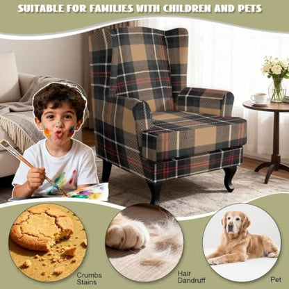 Brown Tartan Wingback Chair Cover 2 Pieces - Snug Fit, Protective & Easy to Install