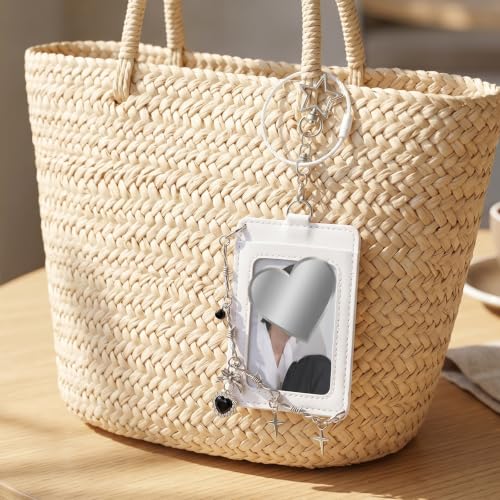 2-Pack Leather Photo Card Holder Keychain - Punk Style ID Badge Case
