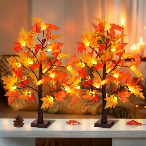Set A 2-Pack 24-Inch Lighted Fall Maple Trees for Thanksgiving Decor