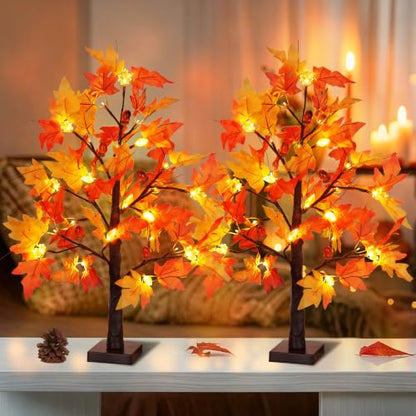 Set A 2-Pack 24-Inch Lighted Fall Maple Trees for Thanksgiving Decor