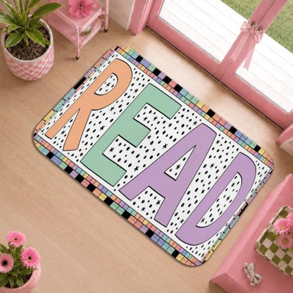 Pastel Pink Read Runner Rug, Colorful Educational Letters Polka Dots, 2x3 Ft