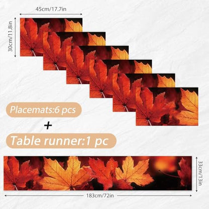 Autumn Maple Leaves Table Runner & Placemats Set - Fall Dining Decor, 6 Pieces (13x72" Runner + 12x18" Mats) - Thanksgiving Kitchen Decor