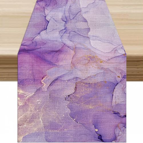 Purple Marble Table Runner W13X L60 - Abstract Gold Cloud Texture Decor