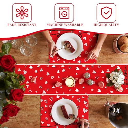 Valentine's Day Table Runner & Placemats Set - Heart Decor for Dining Table - 7 Pieces