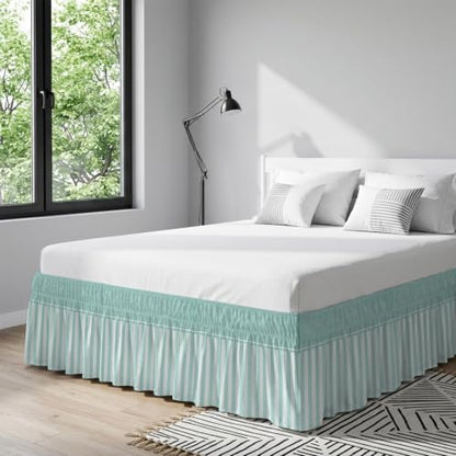 Queen Size Teal Green Striped Bed Skirt - 16 Inch Drop, Adjustable Elastic Dust Ruffle