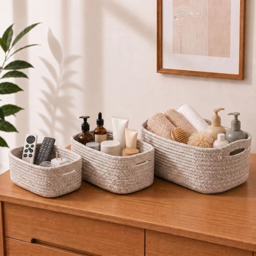 Brown 3-Pack Woven Cotton Rope Storage Baskets - Set of 3 Sizes