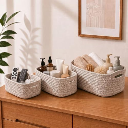 Brown 3-Pack Woven Cotton Rope Storage Baskets - Set of 3 Sizes