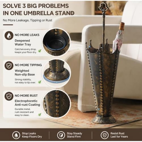 Vintage Metal Umbrella Stand with Crown Design - Rustic Antique Bronze Storage Rack