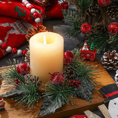 Christmas Candle Ring Set with Berries and Pine Cones - Winter Holiday Decor