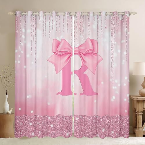 Pink Bowknot Blackout Curtains with Initials - Room Decor, Personalized