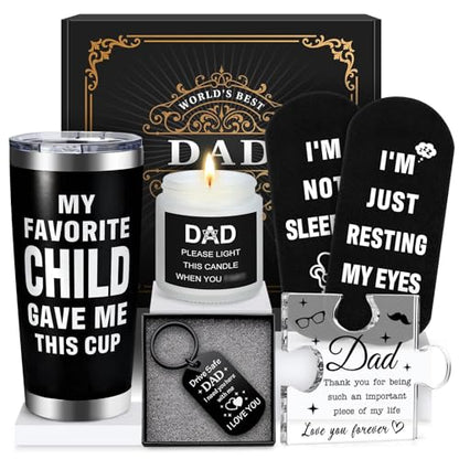 Dad Gift Basket - Funny Dad Gifts from Daughter Son Kids, Insulated Tumbler, Candle & Socks - Dad Gift Variation