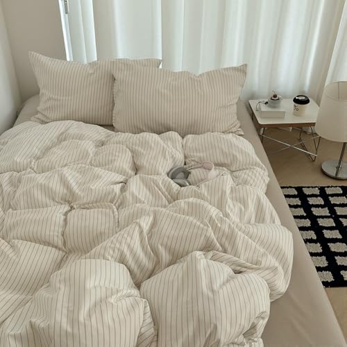Queen Beige Striped Comforter Set - All Season Microfiber Bedding 3pcs