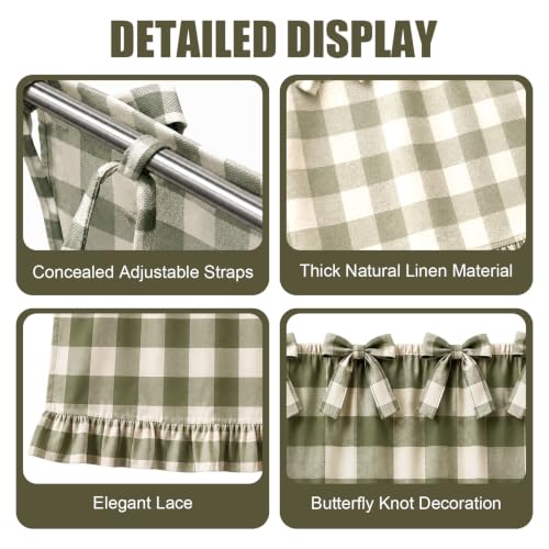 Farmhouse Sage Green Oven Skirt Curtain with Tied Bows - Coarse Check Pattern