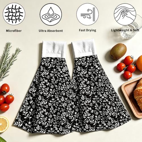 Black White Floral Hanging Kitchen Towels 2pcs Hand & Dish Drying Towels