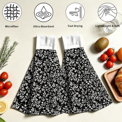 Black White Floral Hanging Kitchen Towels 2pcs Hand & Dish Drying Towels
