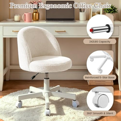 White Vanity Chair with Backrest - Girls Desk & Makeup Stool, Adjustable & Swivel