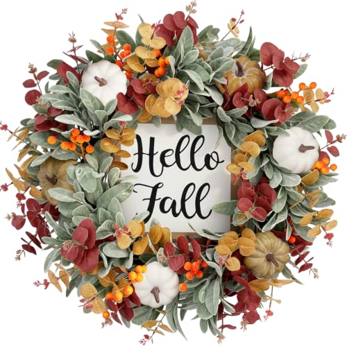 26 Inch Fall Wreath for Front Door with Hello Fall Sign - Rustic Autumn Decor