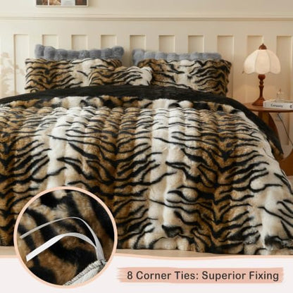 Queen Tiger Print Faux Rabbit Fur Duvet Cover Set - 3 Pieces, Brown