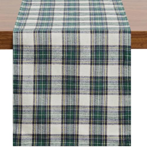 Christmas Checkered Table Runner - Green and White, 13 x 70 Inches, Plaid Holiday Decor
