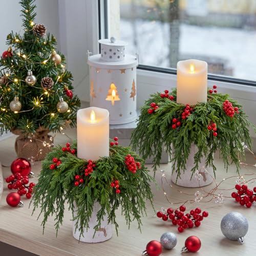 Christmas Candle Ring Set - 3.5 Inch / Festive Wreaths for Decor - 6 Pieces