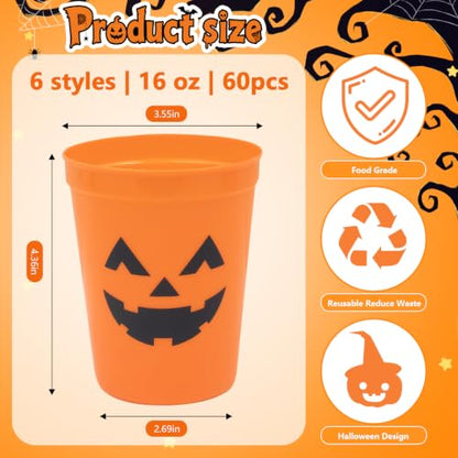 Halloween Plastic Cups 16OZ - 60 Pack Blue & Multicolor Reusable Party Cups