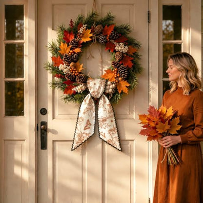 Fall Floral Wreath Sash for Front Door Decor Butterfly & Flower Design