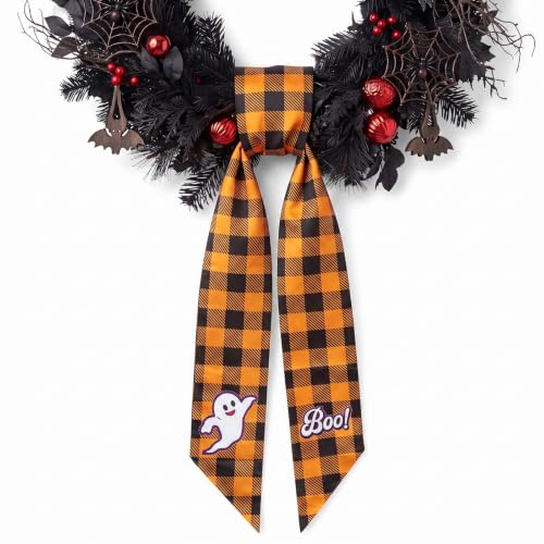 Halloween Wreath Sash for Wreath Orange Buffalo Plaid Ghost Decor Style2