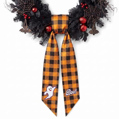 Halloween Wreath Sash for Wreath Orange Buffalo Plaid Ghost Decor Style2