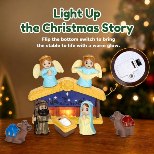 Kids Nativity Advent Calendar with Light Stable - Blue, 24 Days Christmas Countdown
